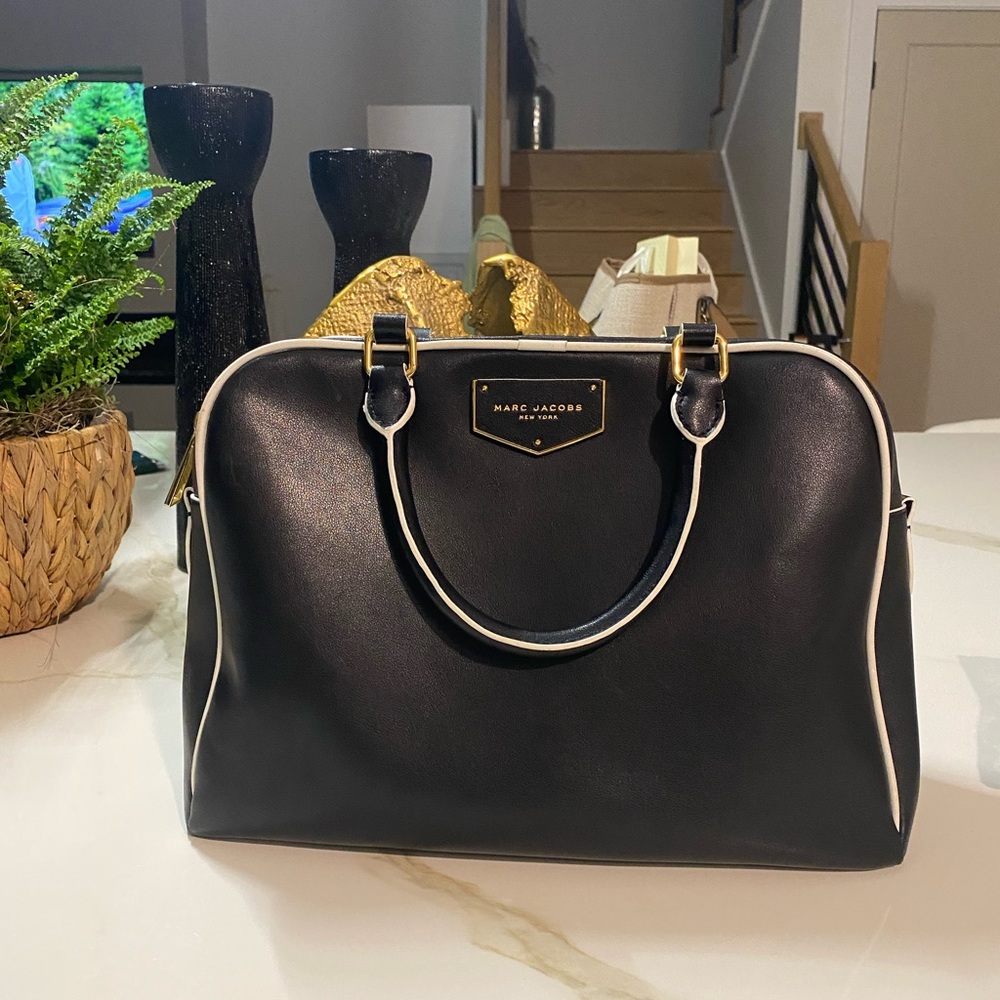 Black gold and white trim top handle leather Marc Jacobs tote Bag